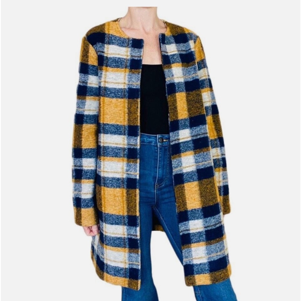 Cynthia Rowley Yellow & Blue Plaid Wool Long Open Light Coat